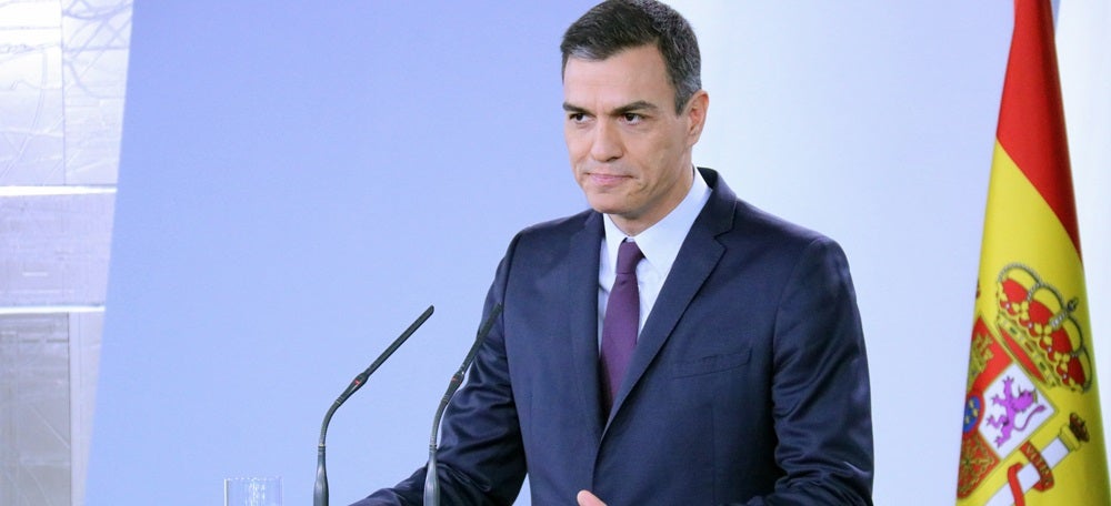 Pla mitjà del president del govern espanyol, Pedro Sánchez, a la roda de premsa posterior al Consell de Ministres extraordinari del 15 de febrer de 2019 (horitzontal)
