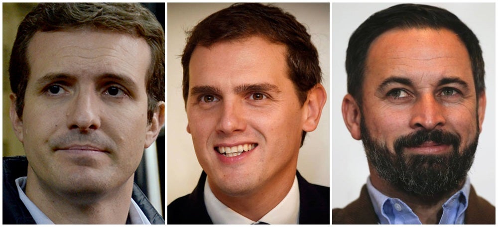 Foto portada: los máximos dirigents del PP, Pablo Casado, Cs, Albert Rivera, y Vox, Santiago Abascal. 