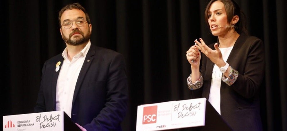 Els candidats d'Esquerra i el PSC, Juli Fernàndez i Marta Farrés, al debat electoral. Autor: J.Peláez. 