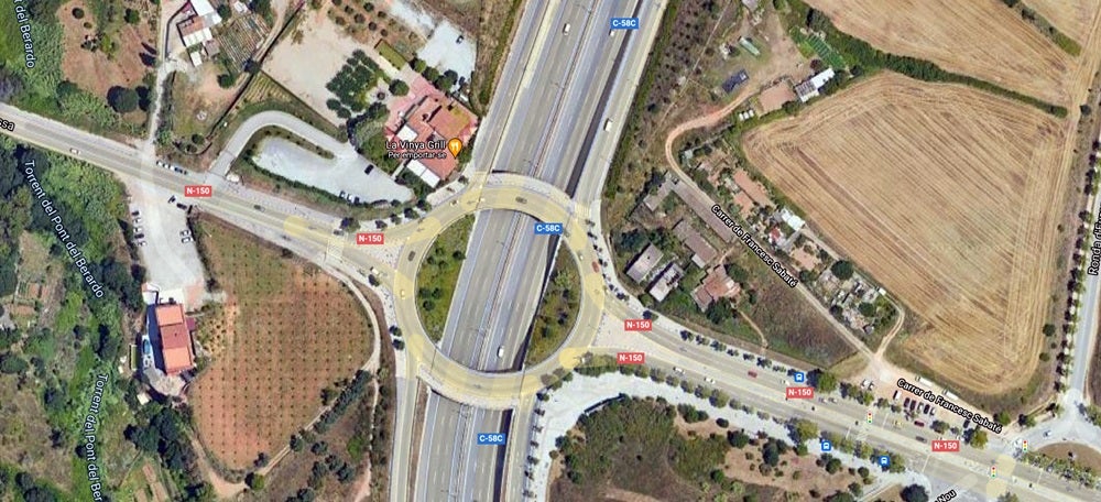 Foto portada: la rotonda entre la N-150 i la Ronda Oest de Sabadell, entre Can Llong i Can Gambús. Foto via Google Street View. 