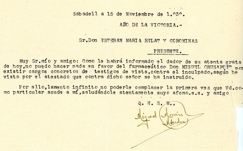 Carta de Morán a Relat on diu que no pot fer a favor de Crusafont.