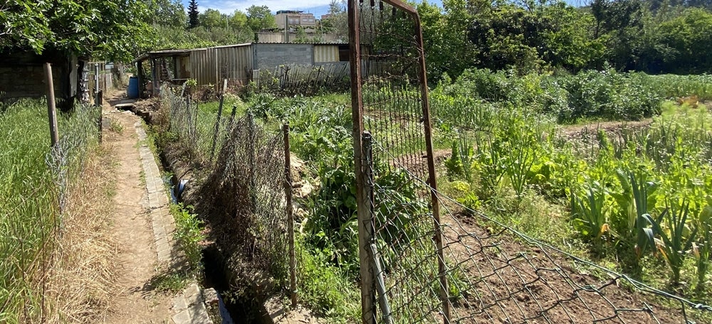 Entrada a un hort del Ripoll. La porta és el somier d'un llit. Autora: J. Ramon.