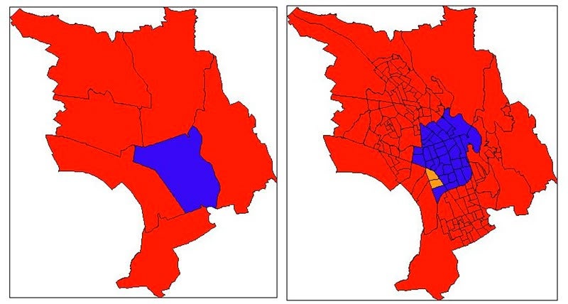 Resultats a Sabadell amb la força més votada a cada districte, i a cada secció censal, a la dreta.
