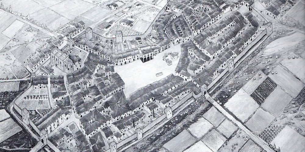 Reconstrucció ideal de vila emmurallada al segle XV segons les dades històriques i arqueològiques.