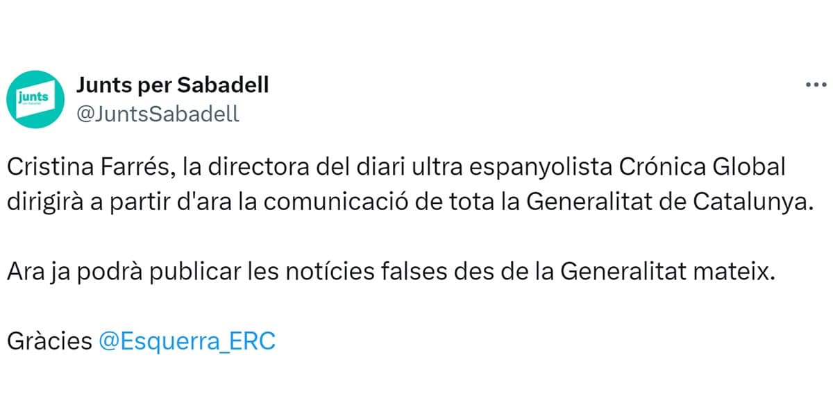 Foto portada: piulada de Junts per Sabadell.