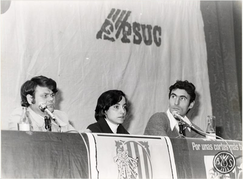 Primer míting electoral a Sabadell del PSUC. A la foto d'esuqerra a dreta Jose Luis Rodríguez, Ramona Sagués i Antoni Farrés