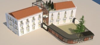 La Casa Grau, a la dreta, i l'edifici de serveis socials, segons l'avantprojecte. Font: Ajuntament i Fundació BS per fer el Centre de Cultura.