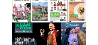 Foto portada: les quatre portes dels Anuaris de l'iSabadell i els tres primers guanyadors del Premi Sabadellenc de l'Any.