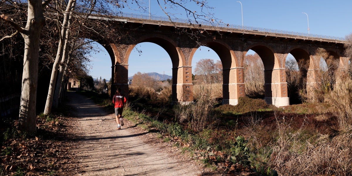 Un corredor, per un dels camins del riu Ripoll, al seu pas pel pont de la Salut. Autor: D.Jiménez.