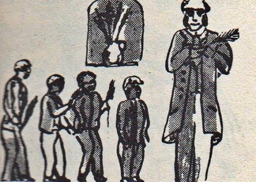 L'escola de Jaume Montblanc. Dibuix a la ploma de Marian Burguès.