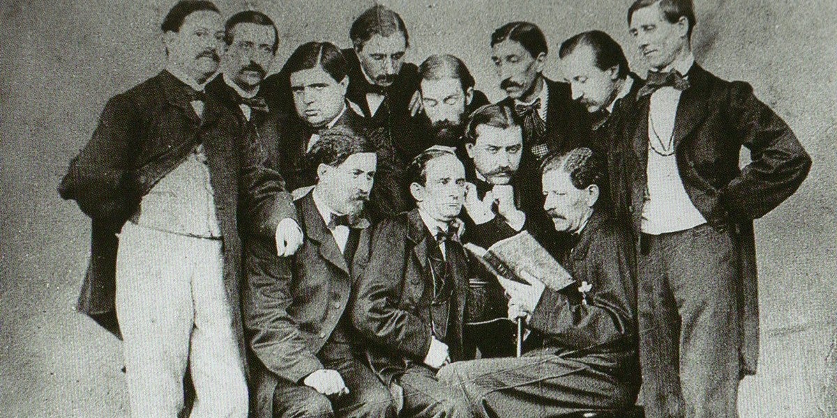 Joves empresaris de Sabadell cap el 1860. Entre ells es reconeixen a Pere Bulbena Oñós, Silvestre Romeu Miarons, Josep de C. Duran Mimó i Pere Folguera Pla. Són una de les nissagues sabadellenques lligades al tèxtil.