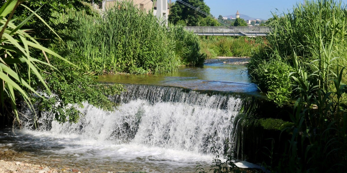 Salt d'aigua del riu Ripoll, amb la Torre de l'Aigua i la Mola de fons. Autor: ACN.