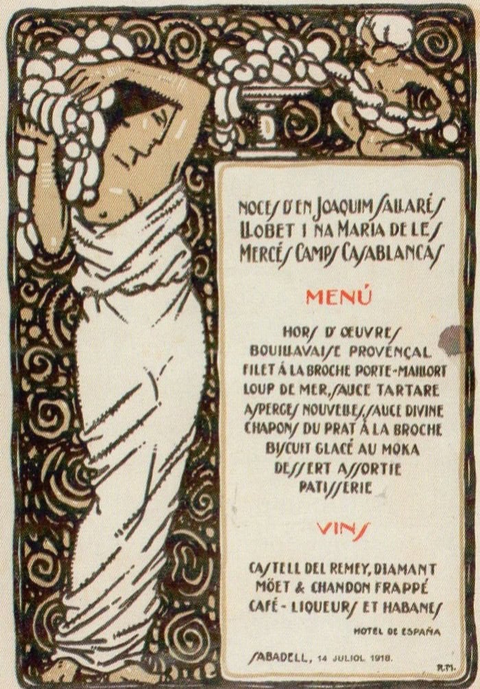 Menú del banquet de noces de Joaquim Sallarès i Maria de la Mercè Camps/AHS. (1918)