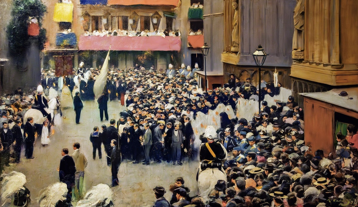 'Sortida de la processó del Corpus de l'església de Santa Maria', de Ramon Casas, que retrata l'esdeveniment immediatament anterior a l'atemptat del carrer de Canvis Nous.