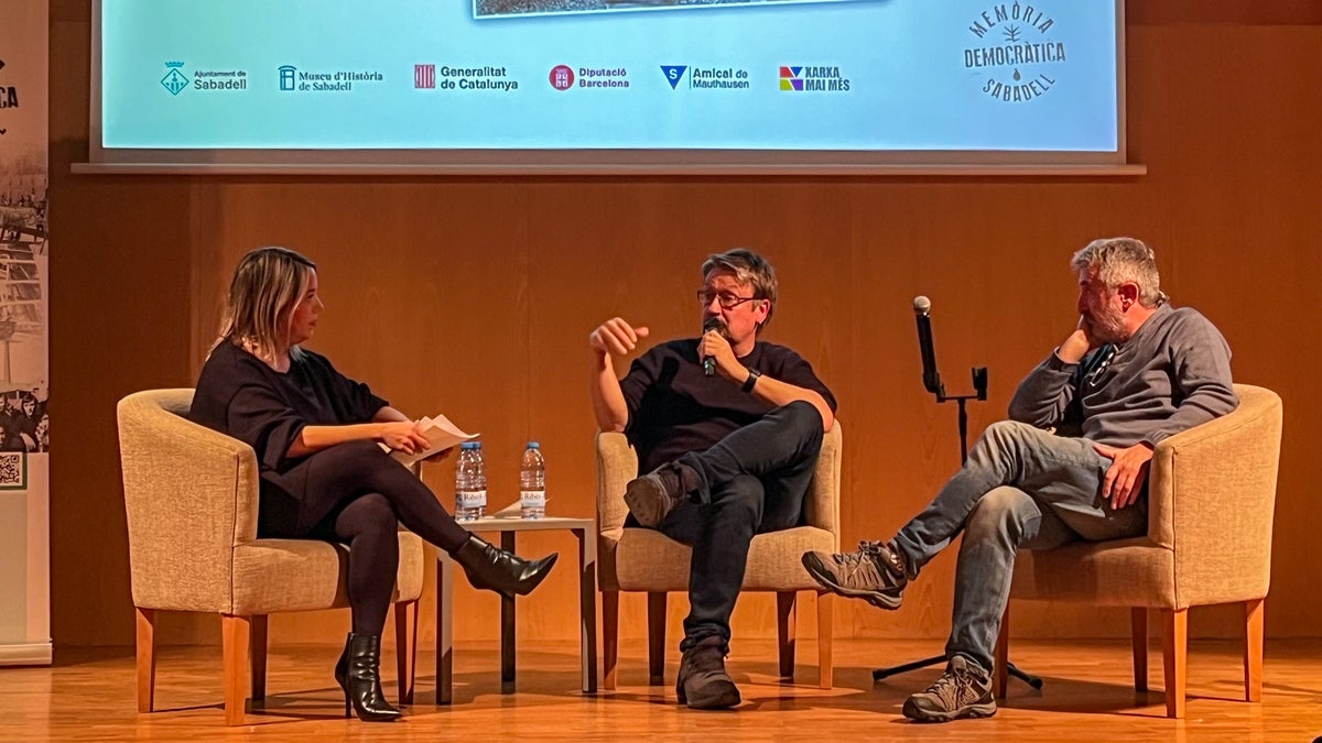 Raquel García, Xavier Domènech i Martí Marín, a l’acte commemoratiu dels 50 anys de la mort de Franco. Autor: Jordi M