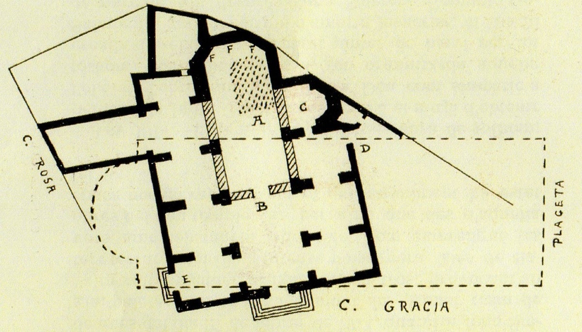 Parets negres eren els de la vella església abans de la Setmana Tràgica. L'espai puntejat és el del temple reconstruït. A) vella església romànica de Sant Salvador. B) Portal gòtic. C) Bassament de l'actual campanar. D) Portal de Sant Antoni. E) Portal de la Rosa. F) Finestrals gòtics.