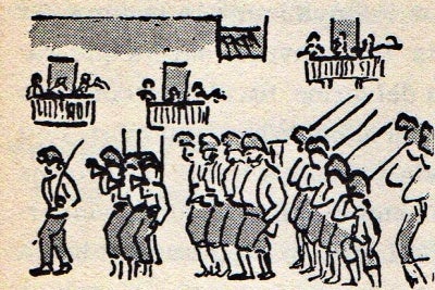 Desfilada dels Voluntaris de la República. Dibuix a la ploma de Marian Burguès.