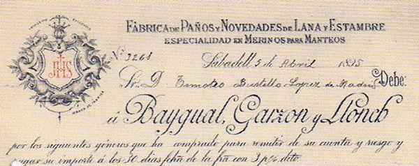 Capçalera de factura de Baygual, Garzón y Llonch (1895)