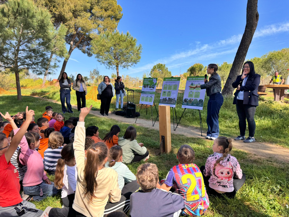 Alumnes de l'escola Can Llong al Parc de la Romeua, durant la plantada d'arbres. Autor: Ajuntament via X.