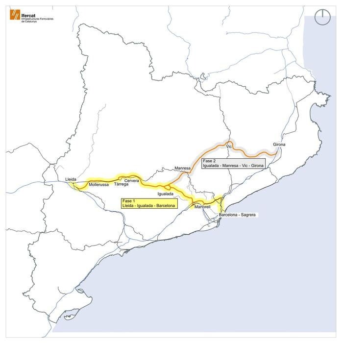 Traçat previst de la fase 1 de l'Eix Transversal Ferroviari. Font: Generalitat de Catalunya.