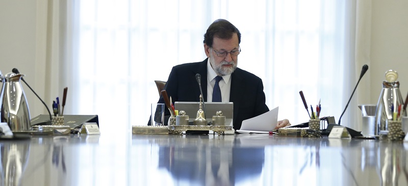 El president del govern espanyol, Mariano Rajoy, al Consell de Ministres extraordinari per aprovar les mesures del 155 per a Catalunya, el 21 d'octubre del 2017. Foto: ACN.