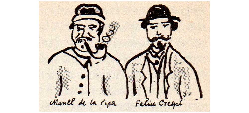 Retrat a la ploma d'en Marian Burguès dels liders federals, Manuel Vilalta (Manel de la Pipa) i Feliu Crespí.