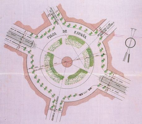 Urbanització de la plaça d'Espanya segons Renom i Manich (1928).