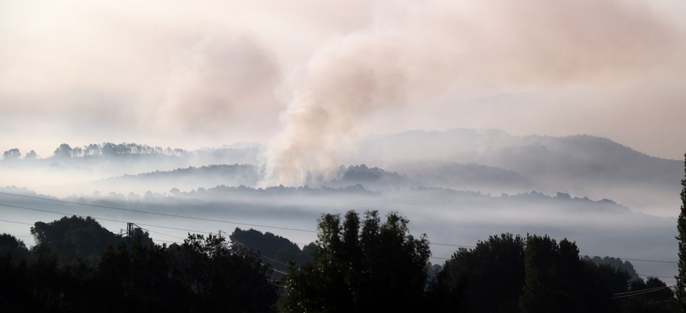 Pla general d'una columna de fum en l'incendi de Santa Coloma de Queralt que ja ha cremat unes 1.100 ha, el 25 de juliol de 2021. Autora: Anna Ferràs / ACN.