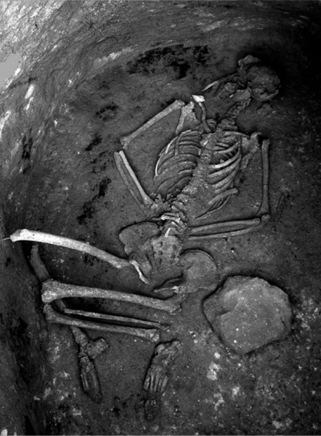 Vista completa de los sepulcros E137 y E442 de Can Gambús-1 (Sabadell, Barcelona). Se señalan las principales dislocaciones de los esqueletos. Para la tumba E137, las líneas de puntos corresponden a los límites del continente en el que estaba depositado el cadáver (J. Roig, J.M. Coll y Ph. Chambon).