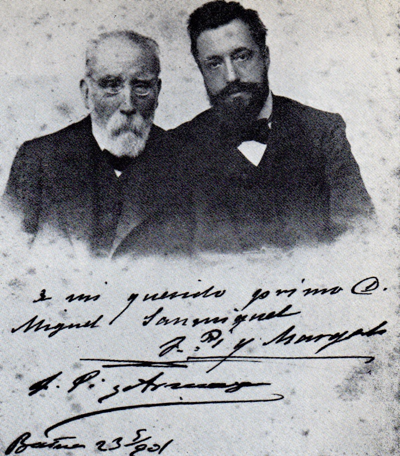Foto dedicada de Pi i Margall i el seu fill Pi i Arsuaga al seu cosí Miquel Samiquel (1901).
