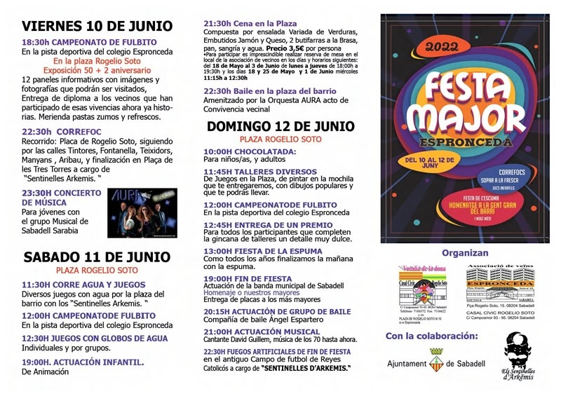 Programa de la Festa Major del barri d'Espronceda, del 10 al 12 de juny de 2022. Autor: cedida