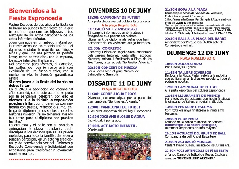 Programa de la Festa Major del barri d'Espronceda, del 10 al 12 de juny de 2022. Autor: cedida