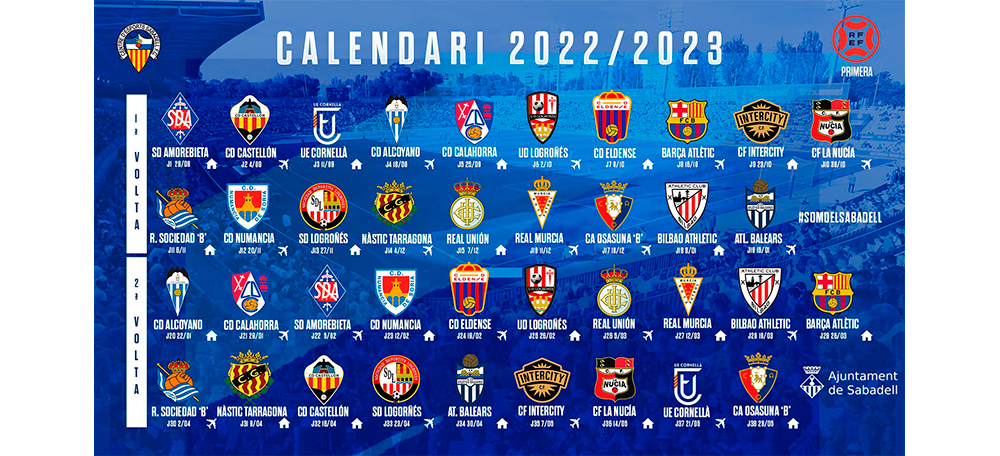 Foto portada: el calendari de la temporada 2022-2023 per al CE Sabadell. Font: @CESabadell via Twitter.