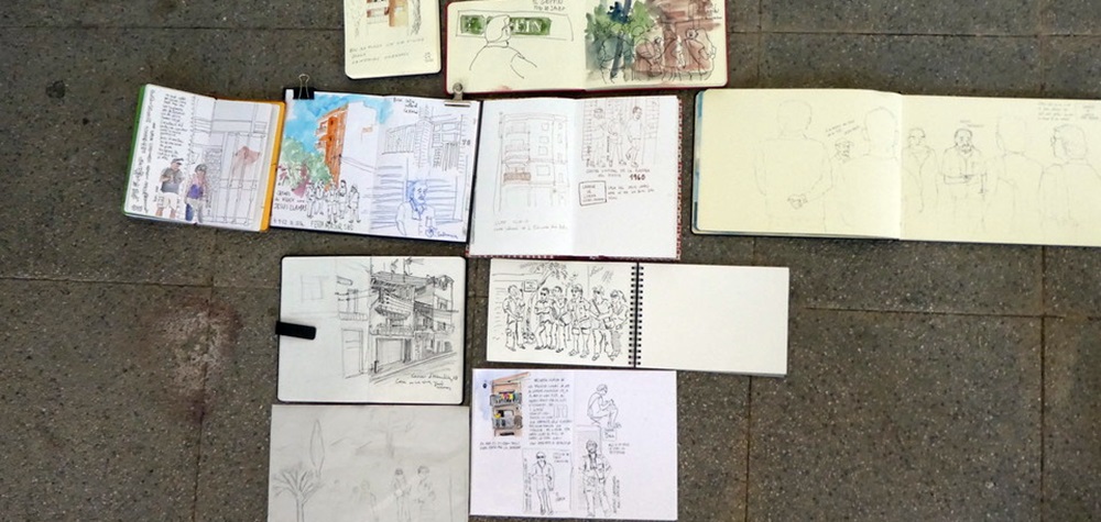 Dibuixos del col·lectiu 'Dibuixant Sabadell' sobre l'tinerari de Jesús Llamas. Autor: A.S.