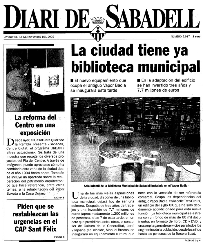 Portada del 'Diari de Sabadell' el 15 de novembre de 2002.