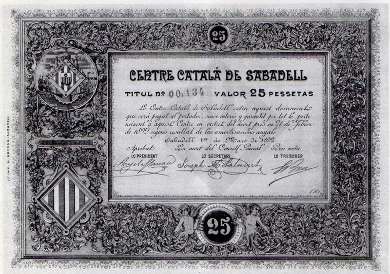 Títol de 25 pessetes emès per pagar les despeses de l'edifici del Centre Català a la Rambla (1892).