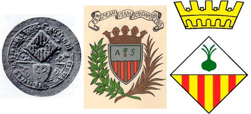 Foto portada d'esquerra a dreta: Segell de la Curia de Sabadell atorgat per la reina Elionor (1366); Escut de l'Ajuntament instaurat per l'alcalde Marcet al 1956 i scut heràldic de la ciutat aprovat pel Ple de l'Ajuntament de Sabadell el 29 de juny de 1992.