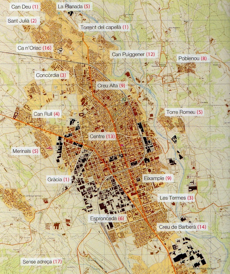 Mapa elaborat per Manel Larrosa sobre la residència dels processats pel TOP a Sabadell