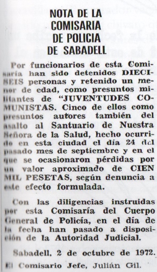 Nota de la comisaría de Policía en el diario 'Sabadell'