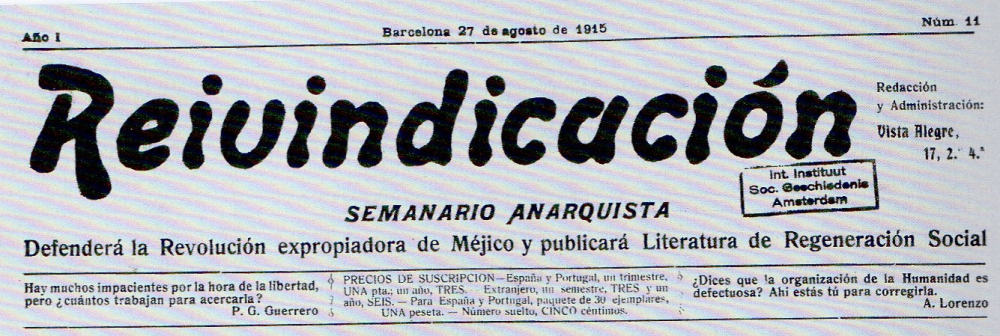 Capçalera del setmanari anarquista 'Reivindicación', editat per Joaquim Estruch.