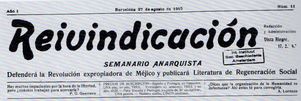 Capçalera del setmanari anarquista 'Reivindicación', editat per Joaquim Estruch.