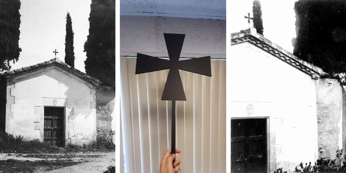 Al centre, la reproducció de la creu que hi havia a la Torre d'En Feu. Als costats, imatges de la capella l'any 1921 (Associació Cultural de Can Feu)