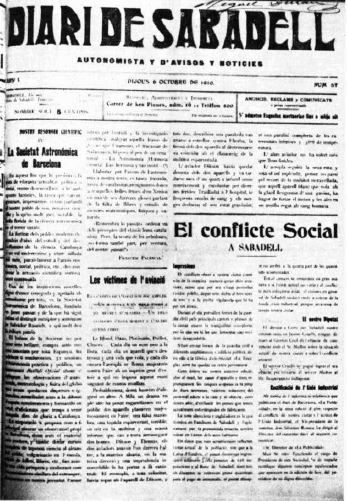 exemplar del Diari de Sabadell, octubre de 1910