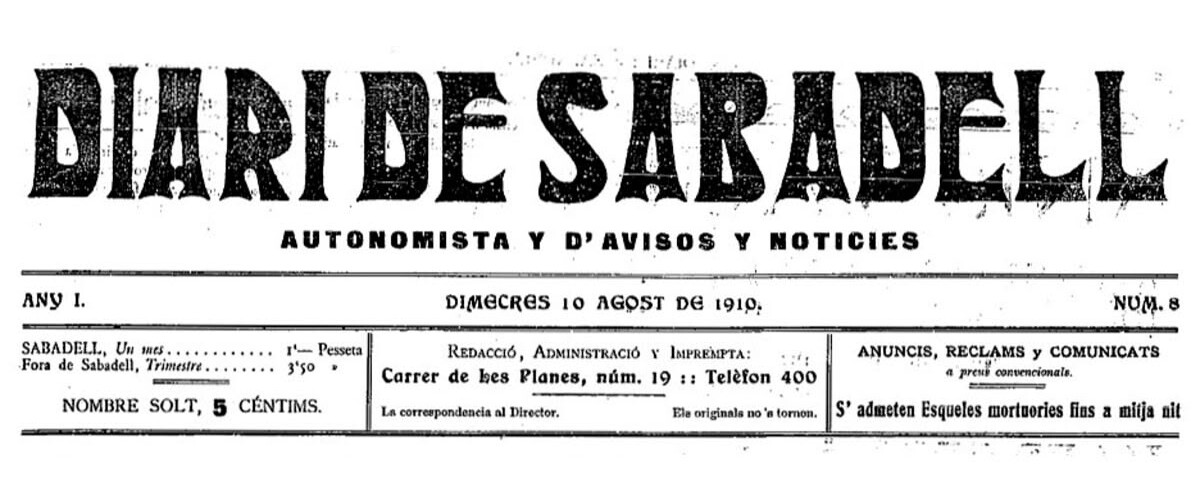 Capçalera del Diari de Sabadell l'any 1910,