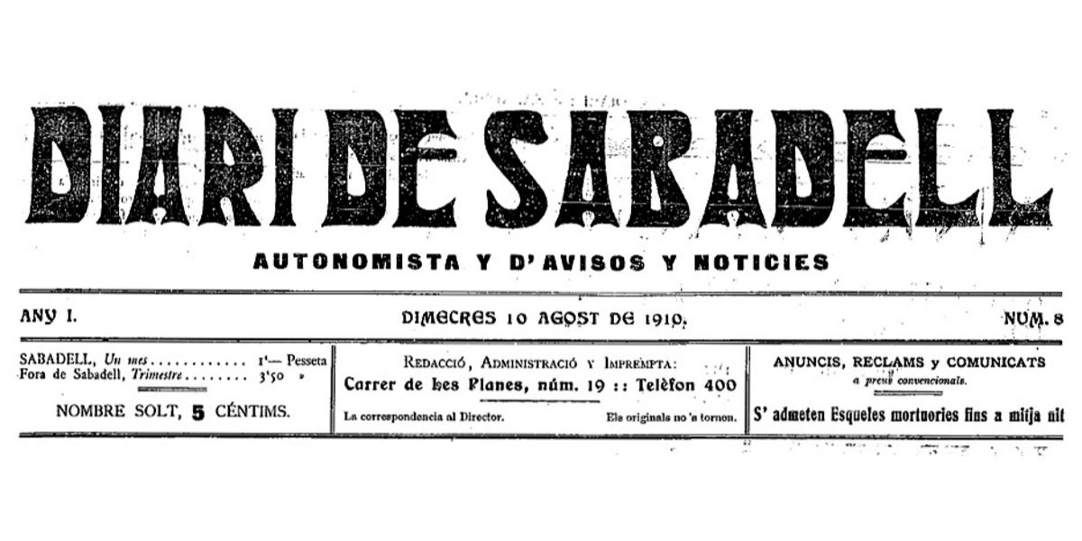 Capçalera del Diari de Sabadell l'any 1910,