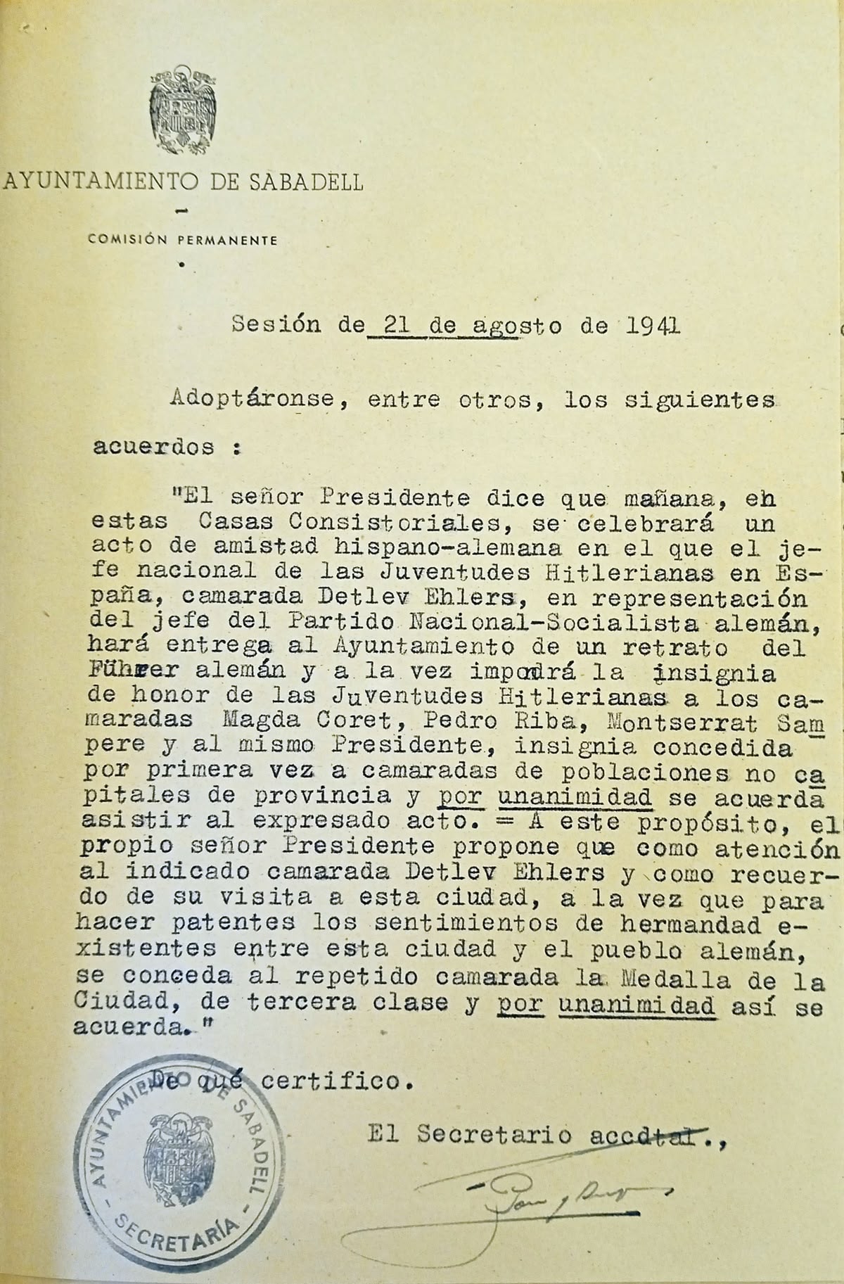 Acuerdo de la Comisión Permanente de concesión de la Medalla de la Ciudad a Elhers