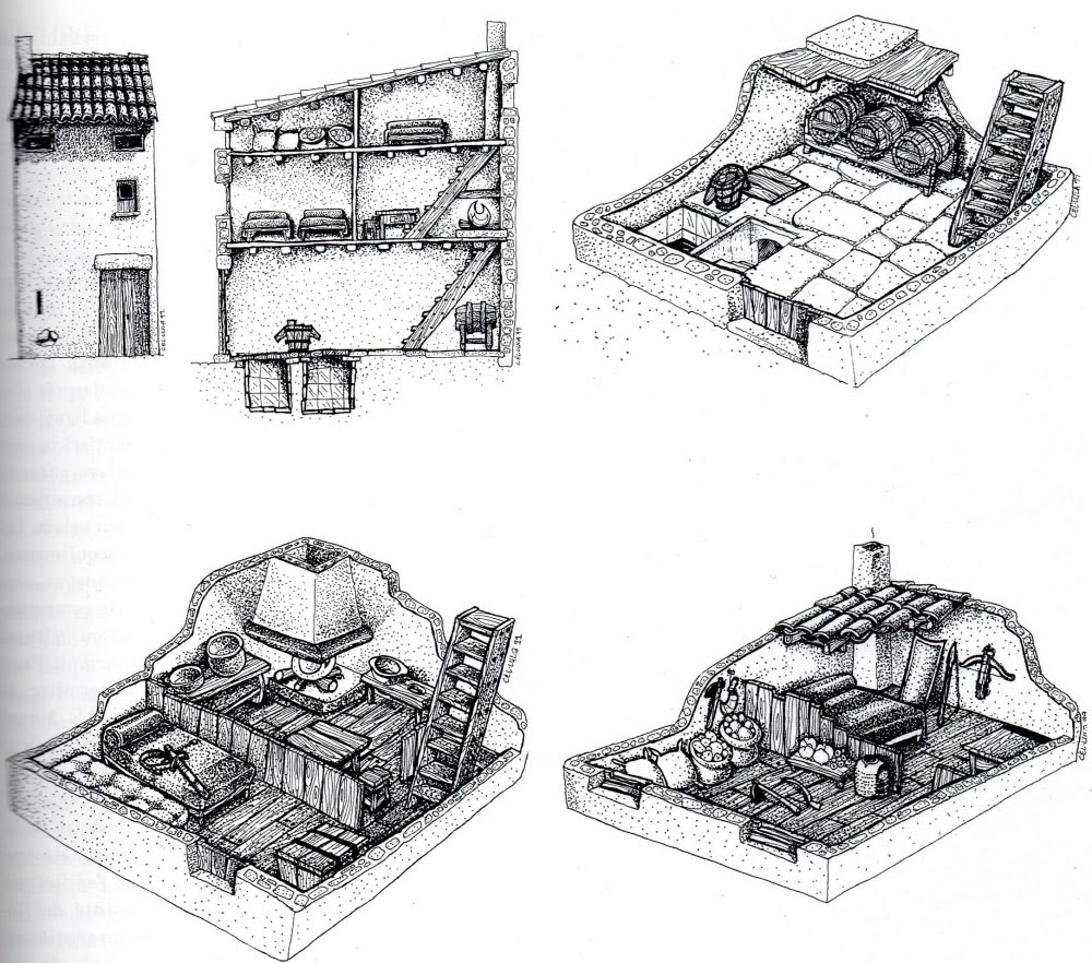 Reconstrucció ideal de l'Alberg de Guillem de Borriana. 1. Façana i secció del casal. 2. Planta baixa. 3. Pis. 4. Golfes.