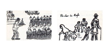 A l'esquerra, dibuix d'una sessió del quinto. Dibuix a la ploma de Marian Burguès. A la dreta, dibuix a la ploma sobre l'hàbit d'enganxar la llufa.