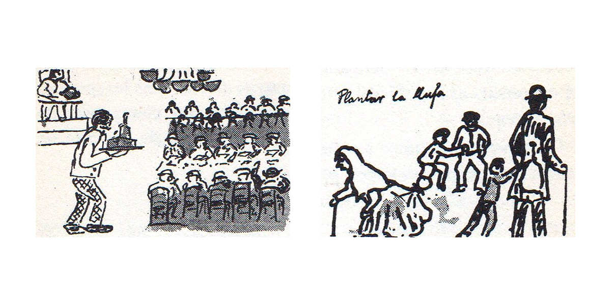 A l'esquerra, dibuix d'una sessió del quinto. Dibuix a la ploma de Marian Burguès. A la dreta, dibuix a la ploma sobre l'hàbit d'enganxar la llufa.