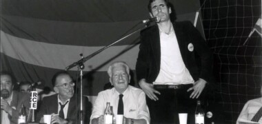 Gutiérrez Díaz, Carrillo, López Raimundo i Farrés, en un acte del PSUC durant la Transició.